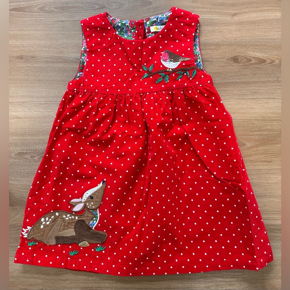 NWOT. Mini Boden Red Cord Robin Deer Appliqué Pinnie Dress, Size 3-4y